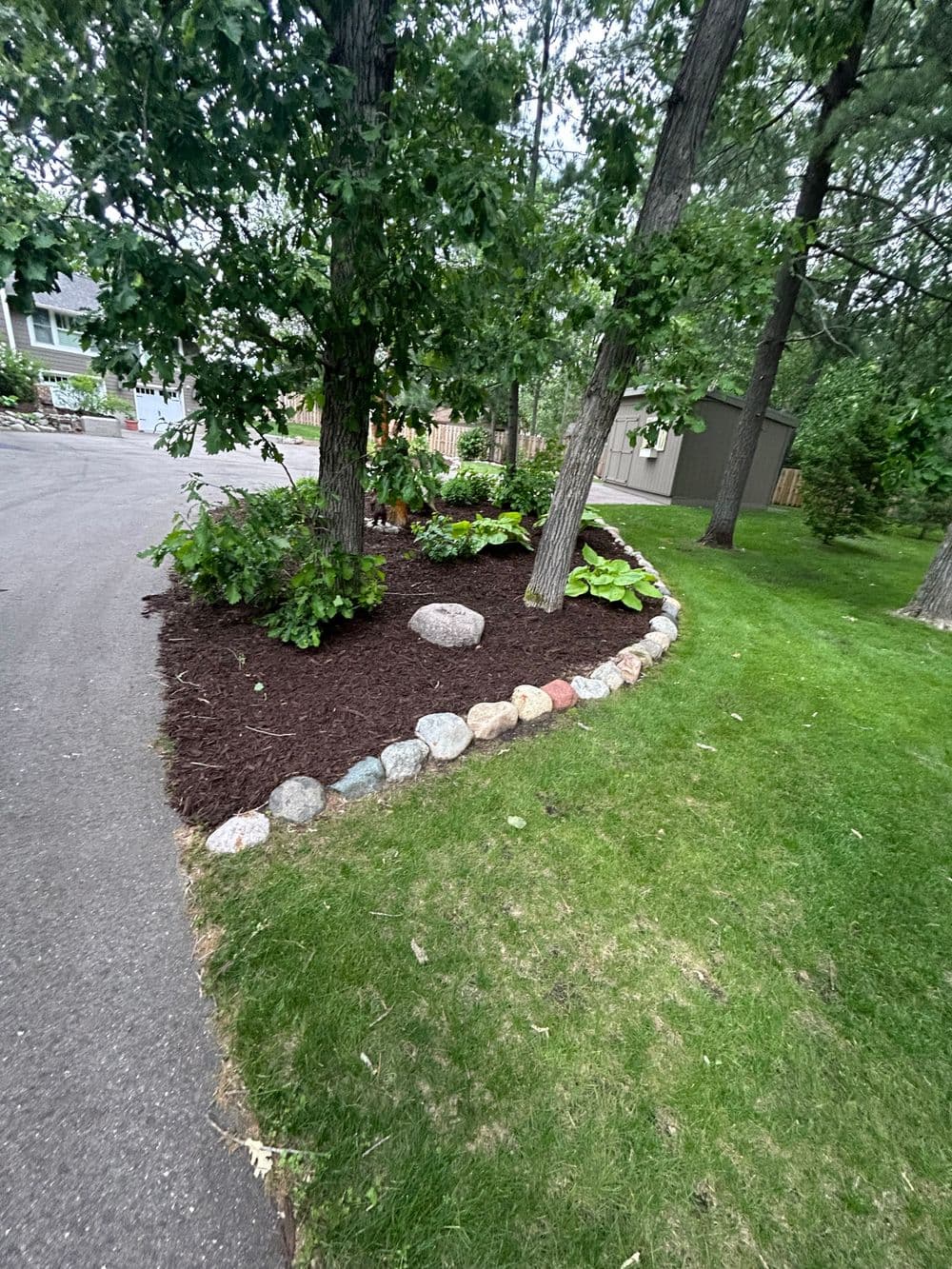 Lush garden bed with mulch, stones, and trees beside a winding driveway.
