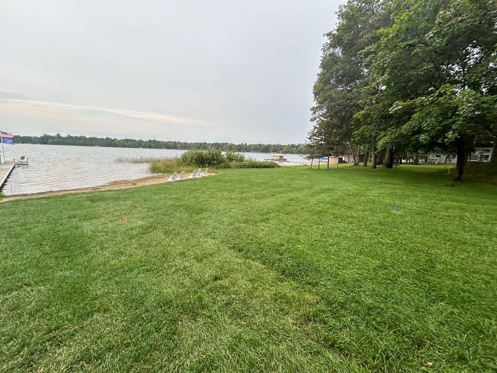 Lush green lawn by lake with dock, trees, and cloudy sky in background. Ideal for relaxation.