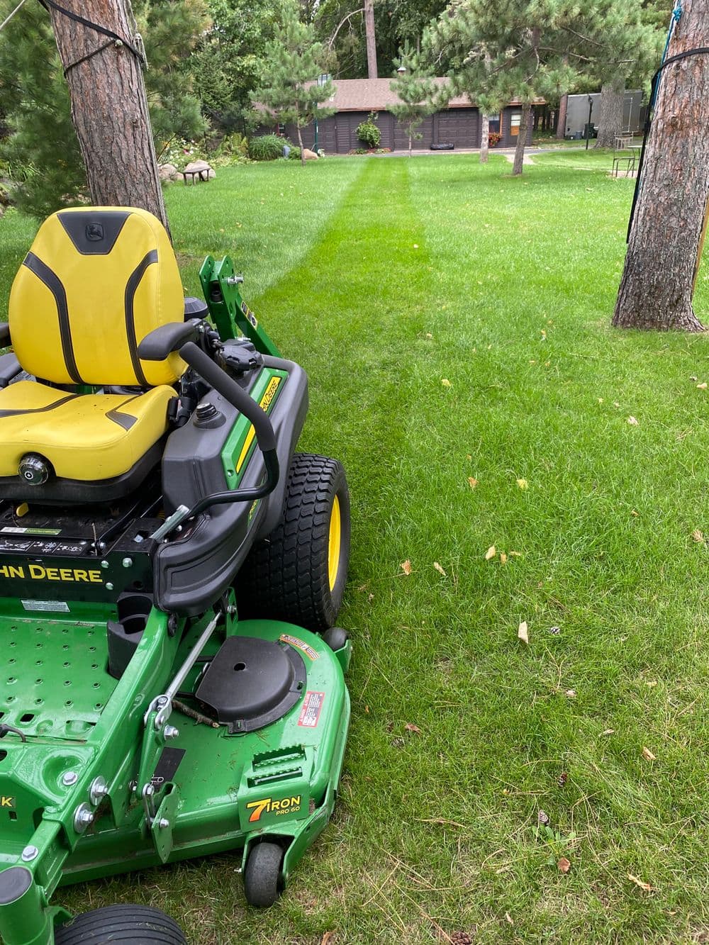 Lawn mower on a well-maintained lawn with a straight mowing path.