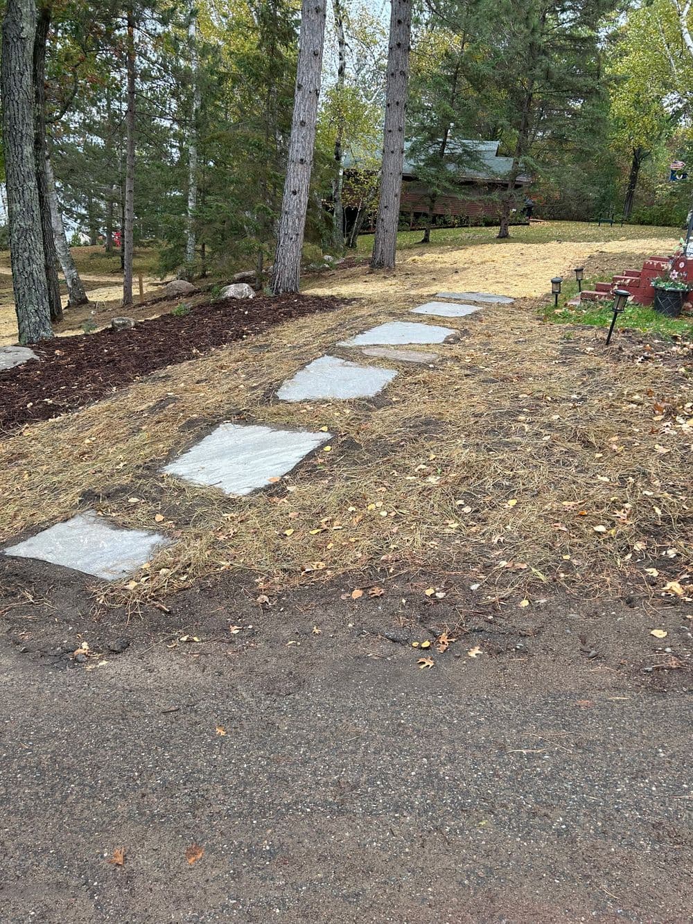Stone pathway leading through a landscaped area with trees in a natural setting.